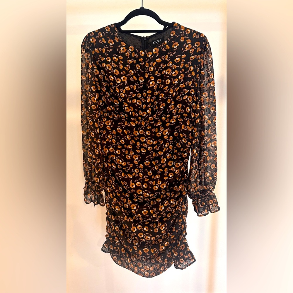 Stories - Floral Swiss Dot Ruched Floral Long Sleeve Ruffle Mini Dress